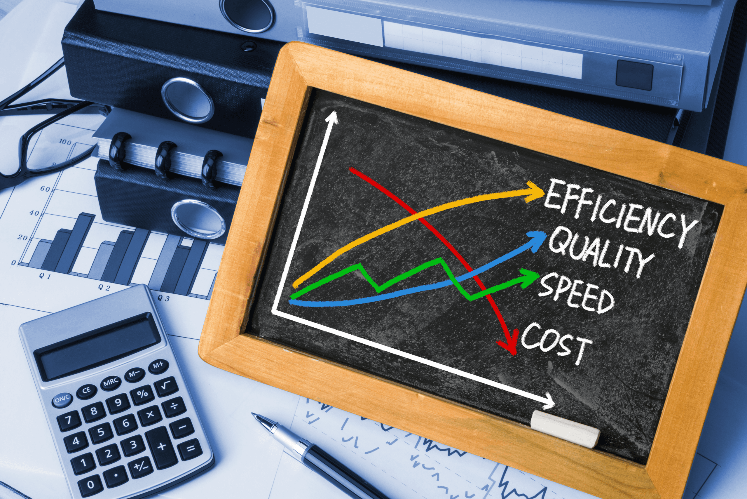 desktop with chalkboard on it that has graph about efficiency