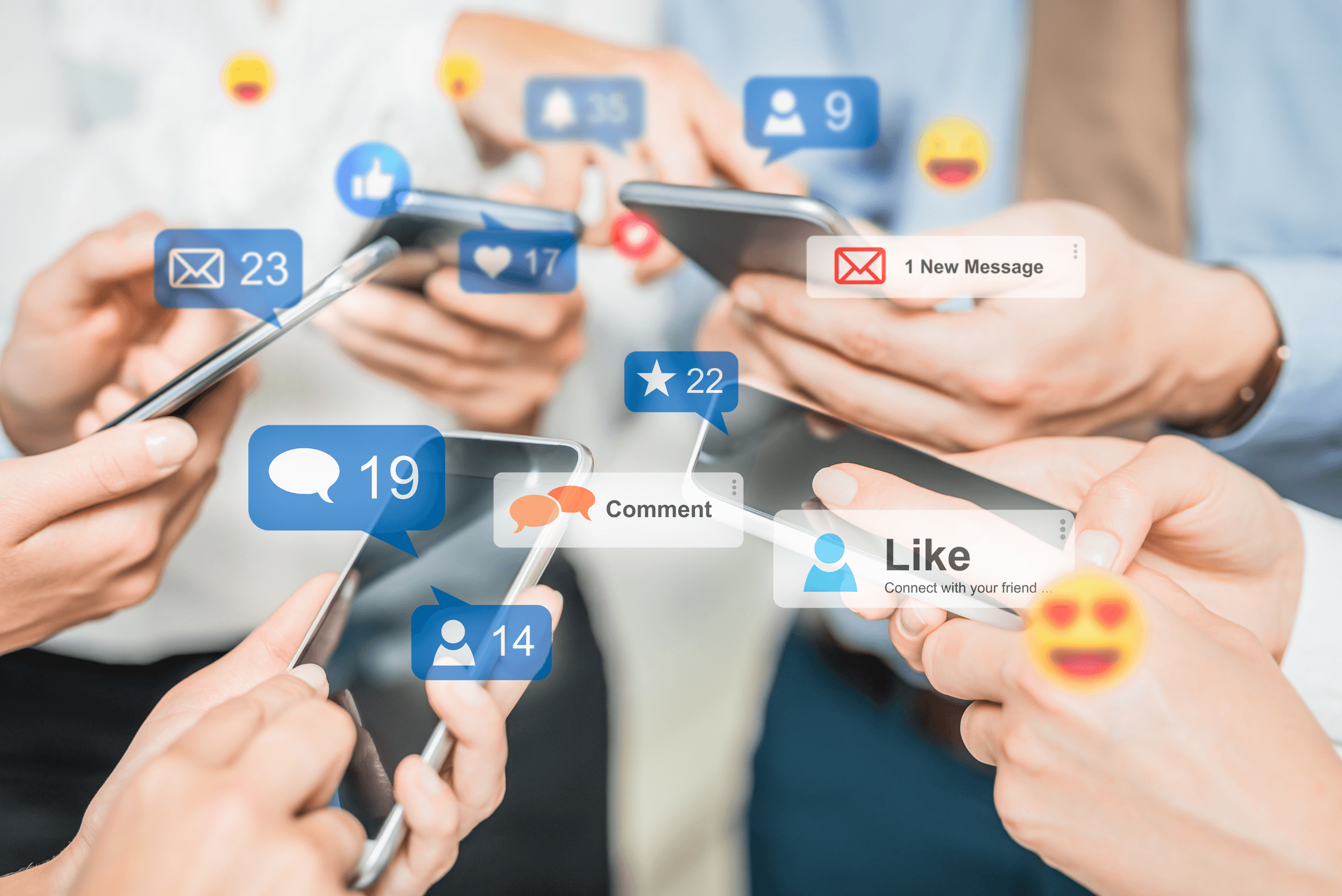photo of people's hands holding cell phones an various social media icons popping up