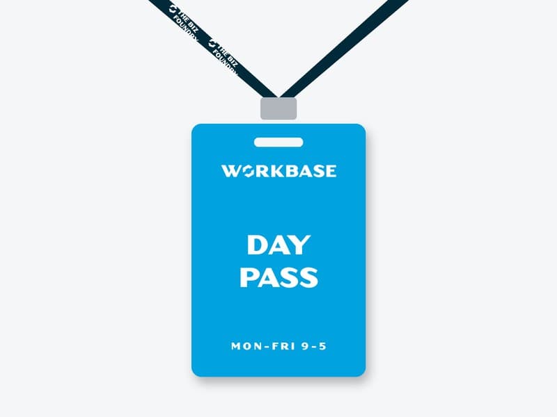 A WorkBase day pass credential card, valid Monday to Friday, 9 to 5
