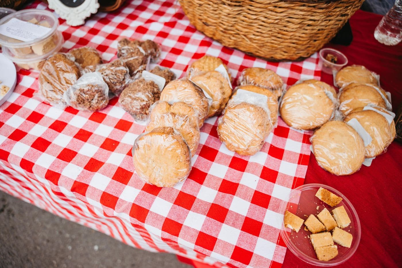 Fresh bread for sale on a checked tablecloth
