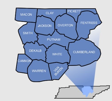 A map of the Upper Cumberland counties which The Biz Foundry serves