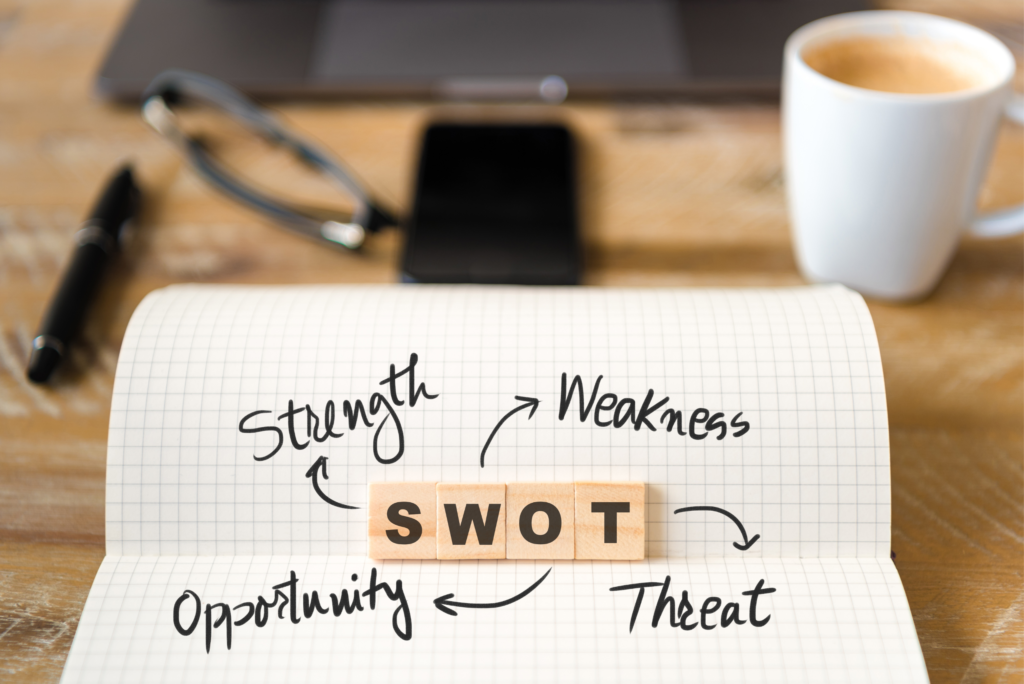 Piece of paper on a desk that has the acronym SWOT on it
