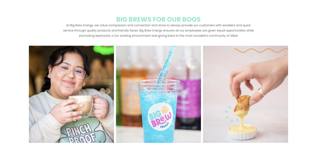 Screenshot of Big Brew Energy's website with text reading "Big Brews for Our Boos" and pictures of coffee and food.