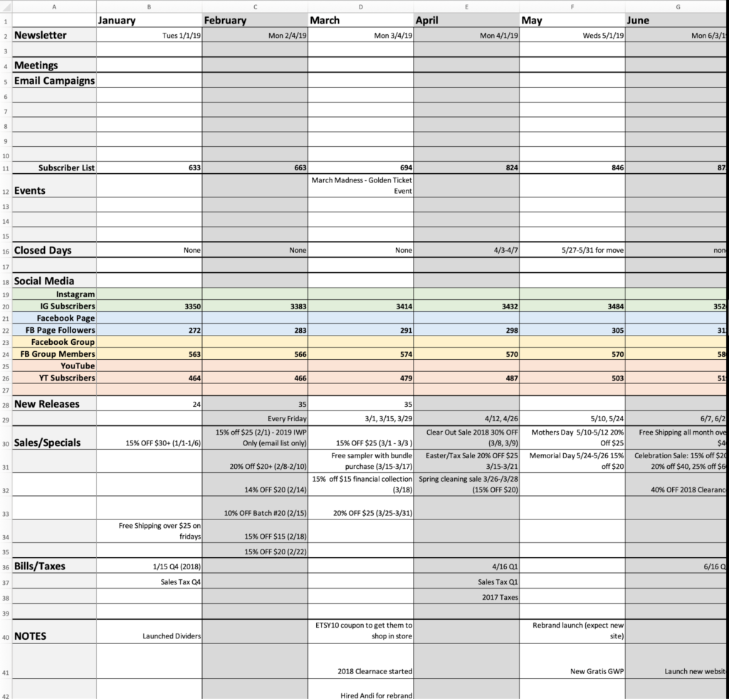 Excel spreadsheet example of monthly business journal