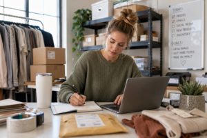 lady working on laptop at modern kitchen table